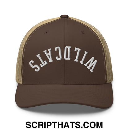 Brown and tan mesh trucker hat with wildcats embroidered in white arched lettering on front panel