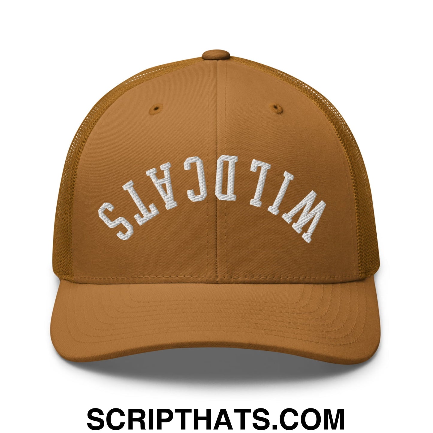 Tan mesh trucker hat with white embroidered wildcats lettering featuring upside down design on front panel