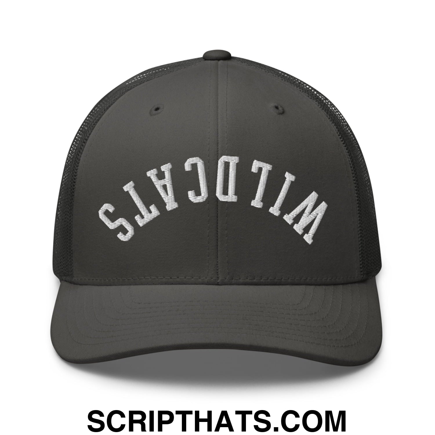 Dark gray mesh trucker hat with white embroidered wildcats lettering in an arched design front view