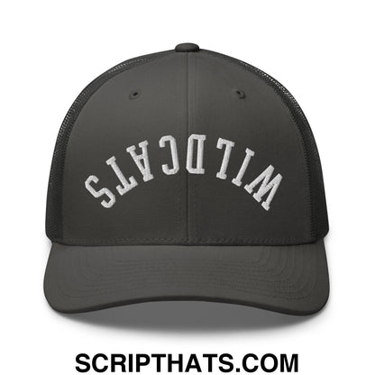 Dark gray mesh trucker hat with white embroidered wildcats lettering in an arched design front view