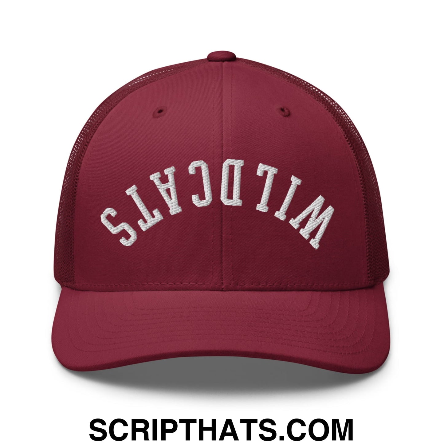 Maroon mesh trucker hat with white embroidered wildcats lettering upside down on the front panel