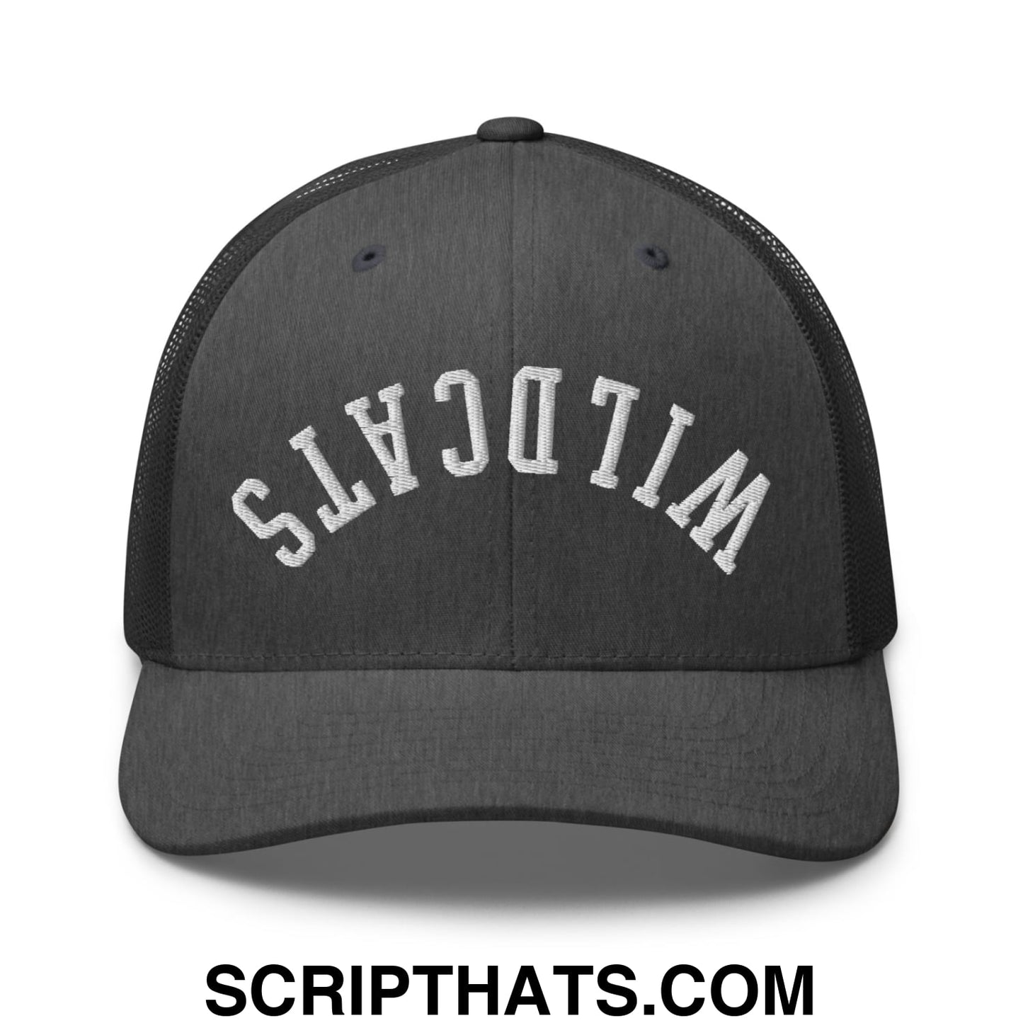 Black mesh trucker hat with white embroidered wildcats lettering on front in upside down design