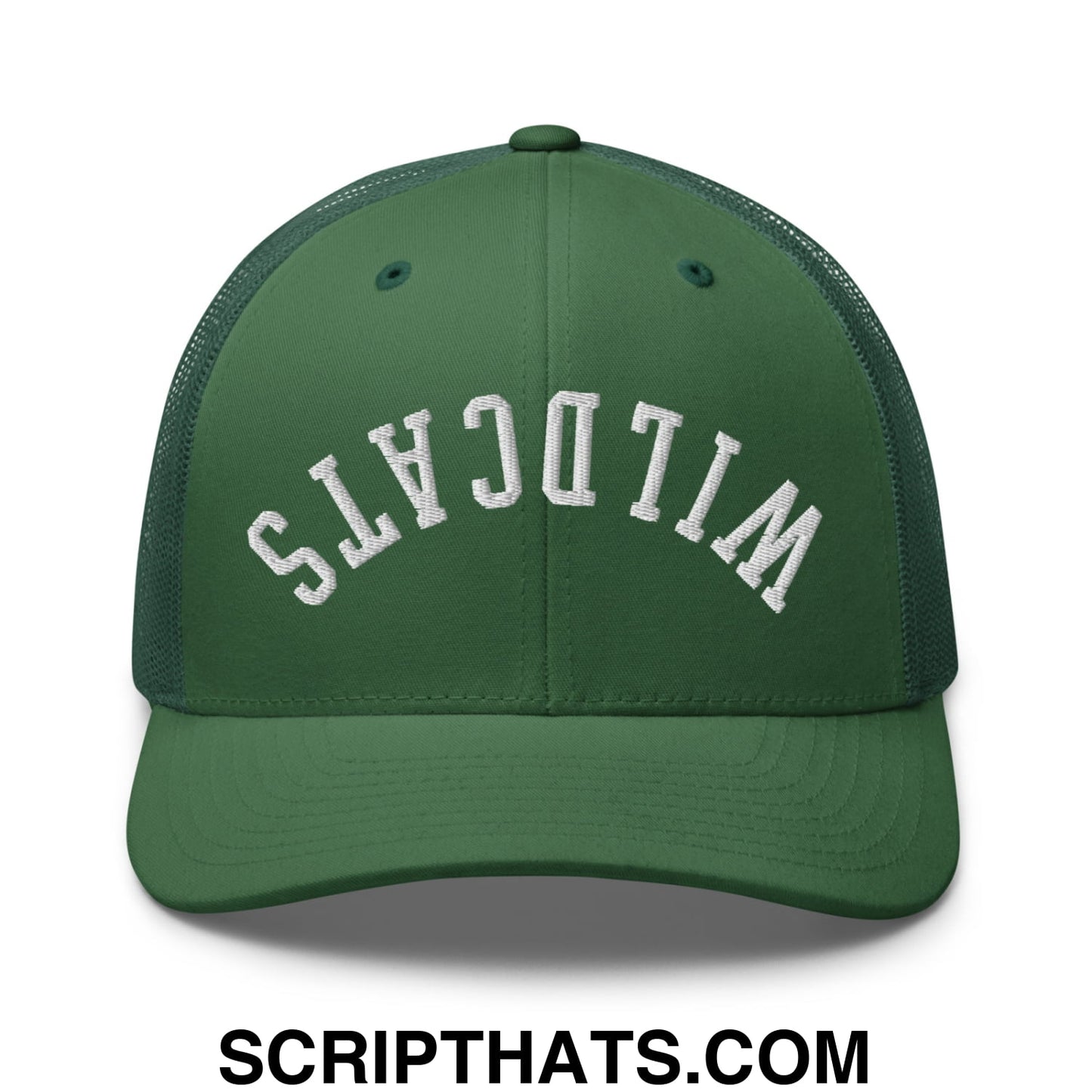 Dark green mesh trucker hat with white embroidered wildcats lettering across the front for casual wear