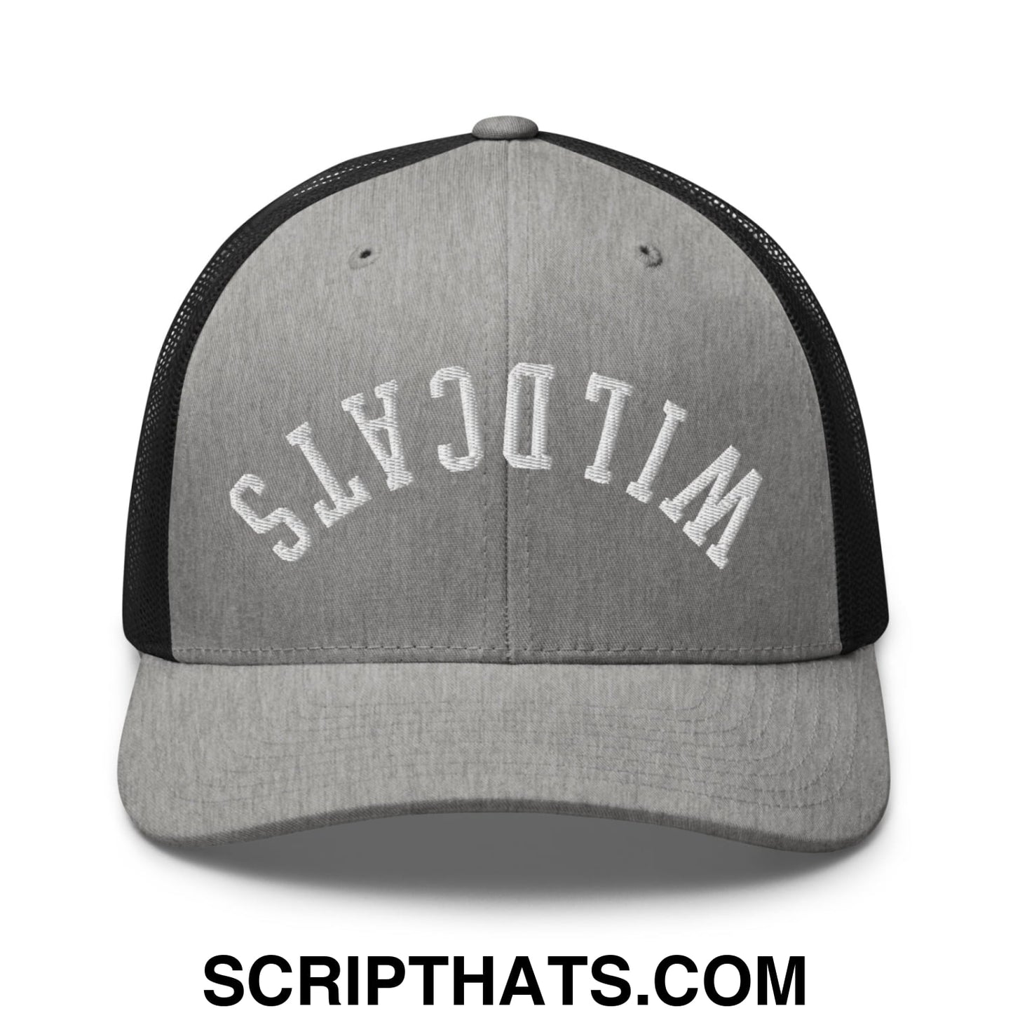 Gray and black mesh trucker hat with wildcats embroidered in white arched lettering on front panel