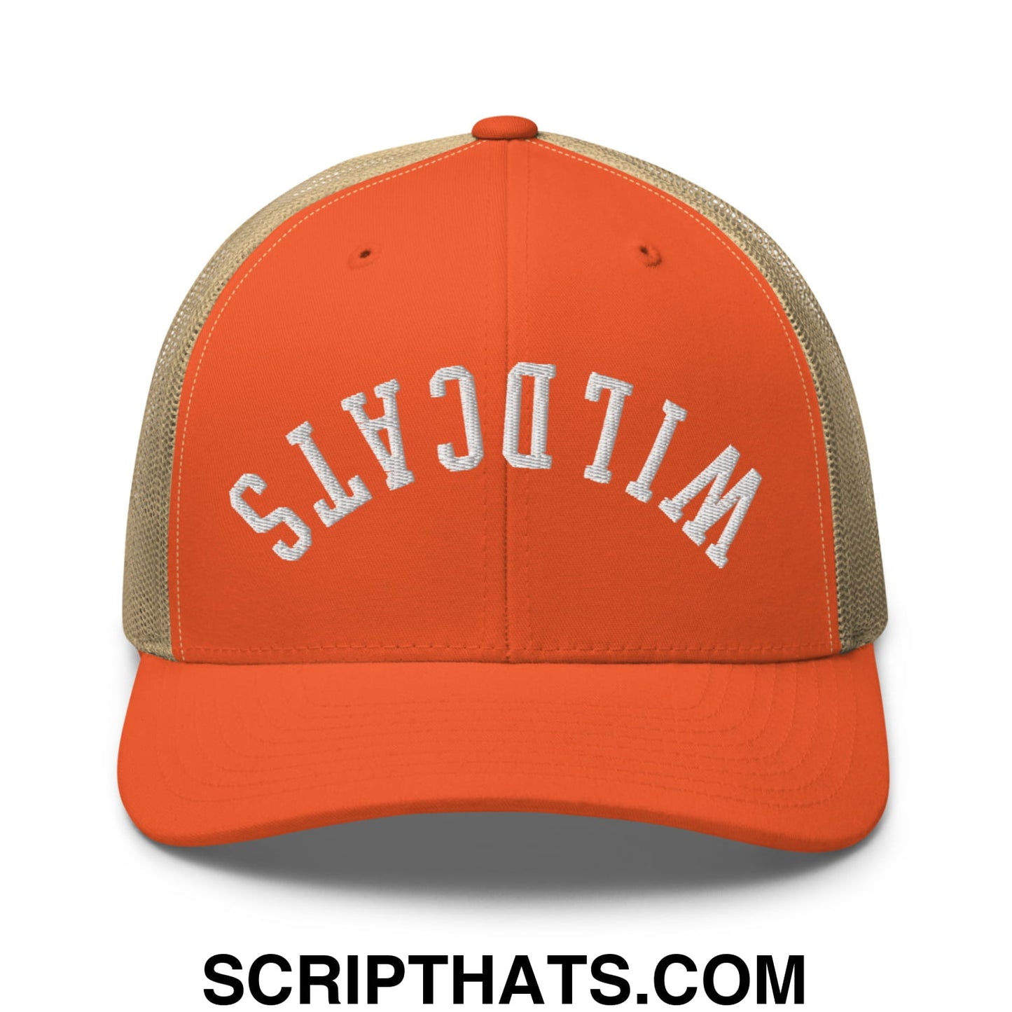 Orange and beige mesh trucker hat with upside down wildcats embroidered in white arched lettering