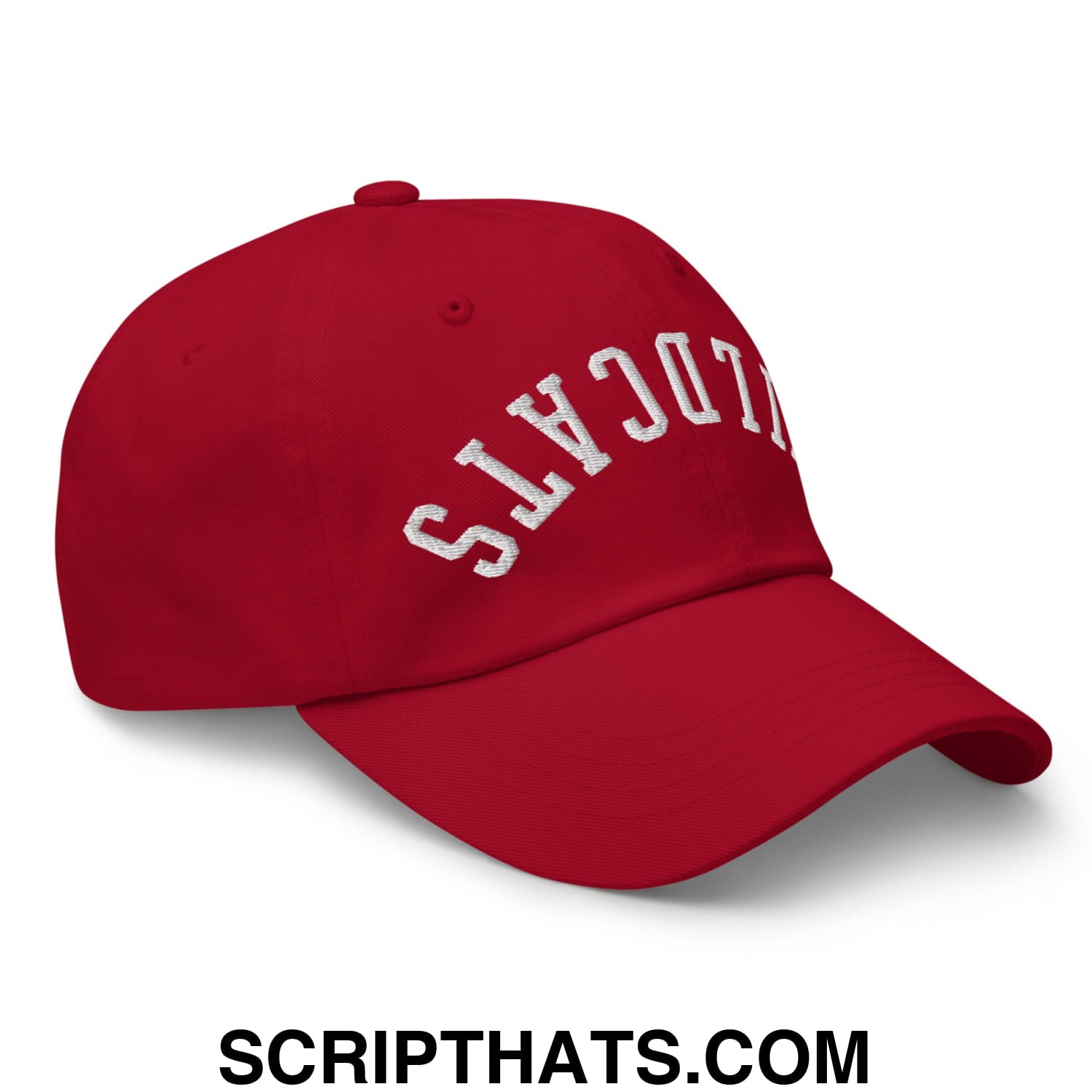 Red unstructured dad hat with white embroidered wildcats logo across the front perfect for casual wear