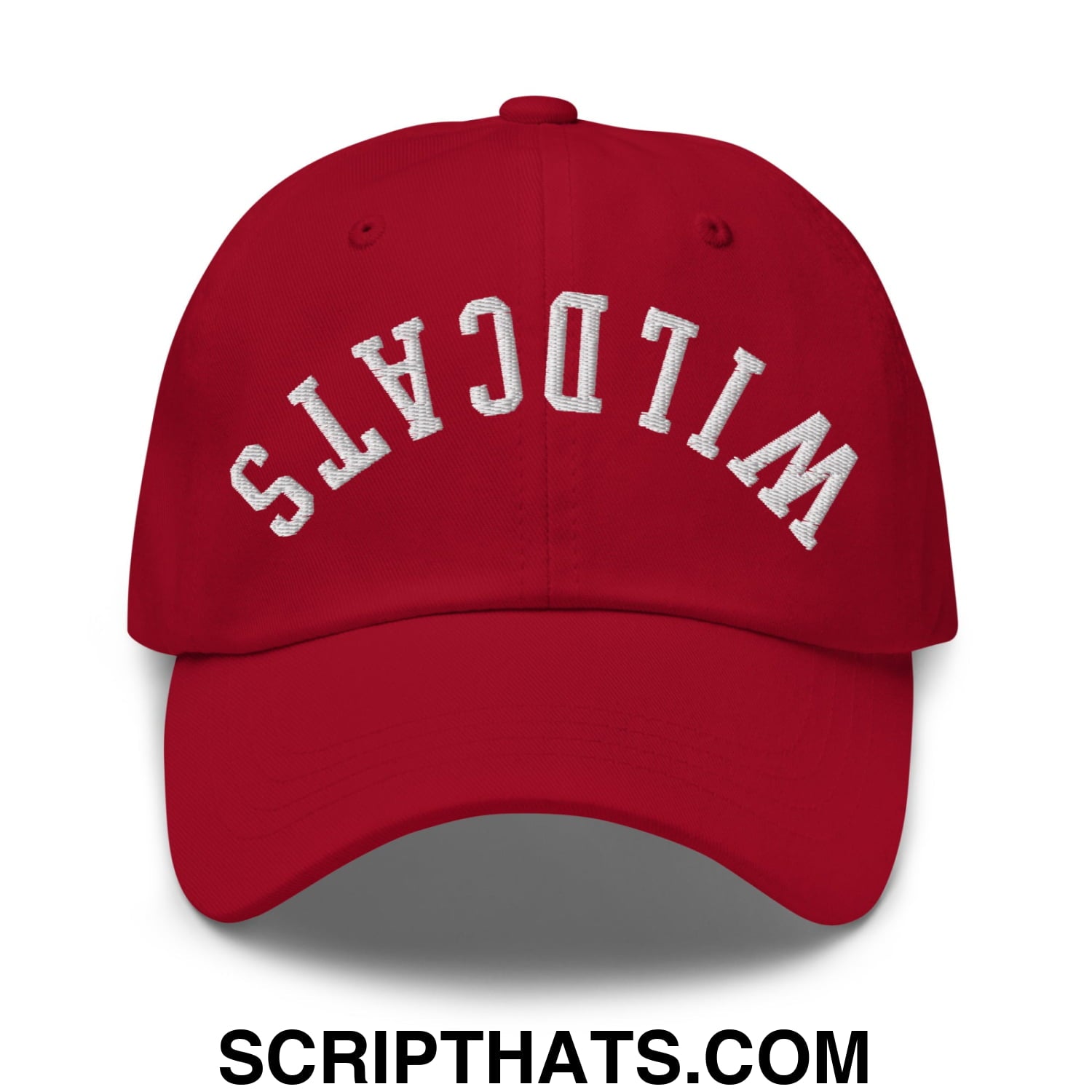 Red unstructured dad hat with white embroidered wildcats lettering in an arched design for casual wear