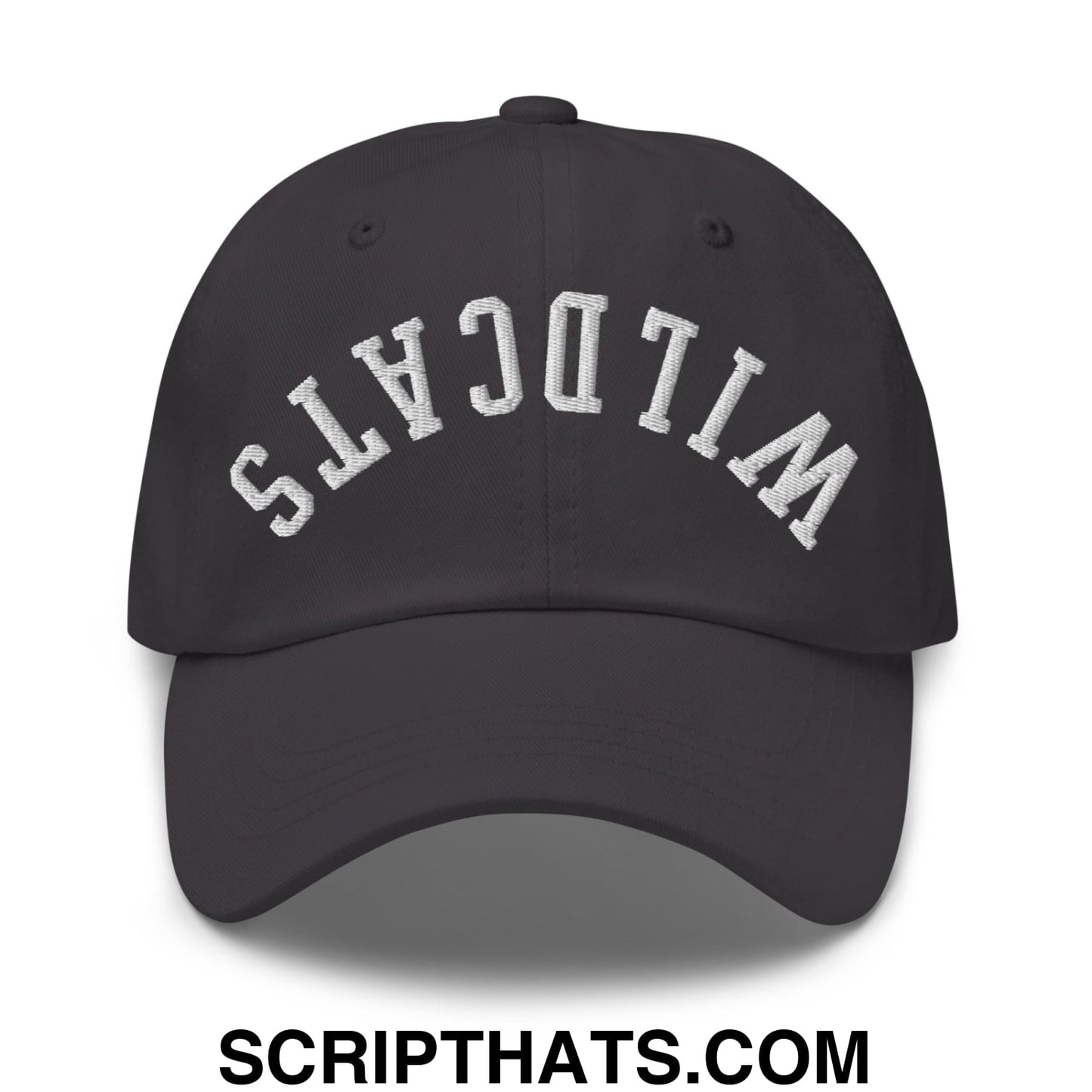 Black unstructured dad hat with white embroidered wildcats lettering in an arched design