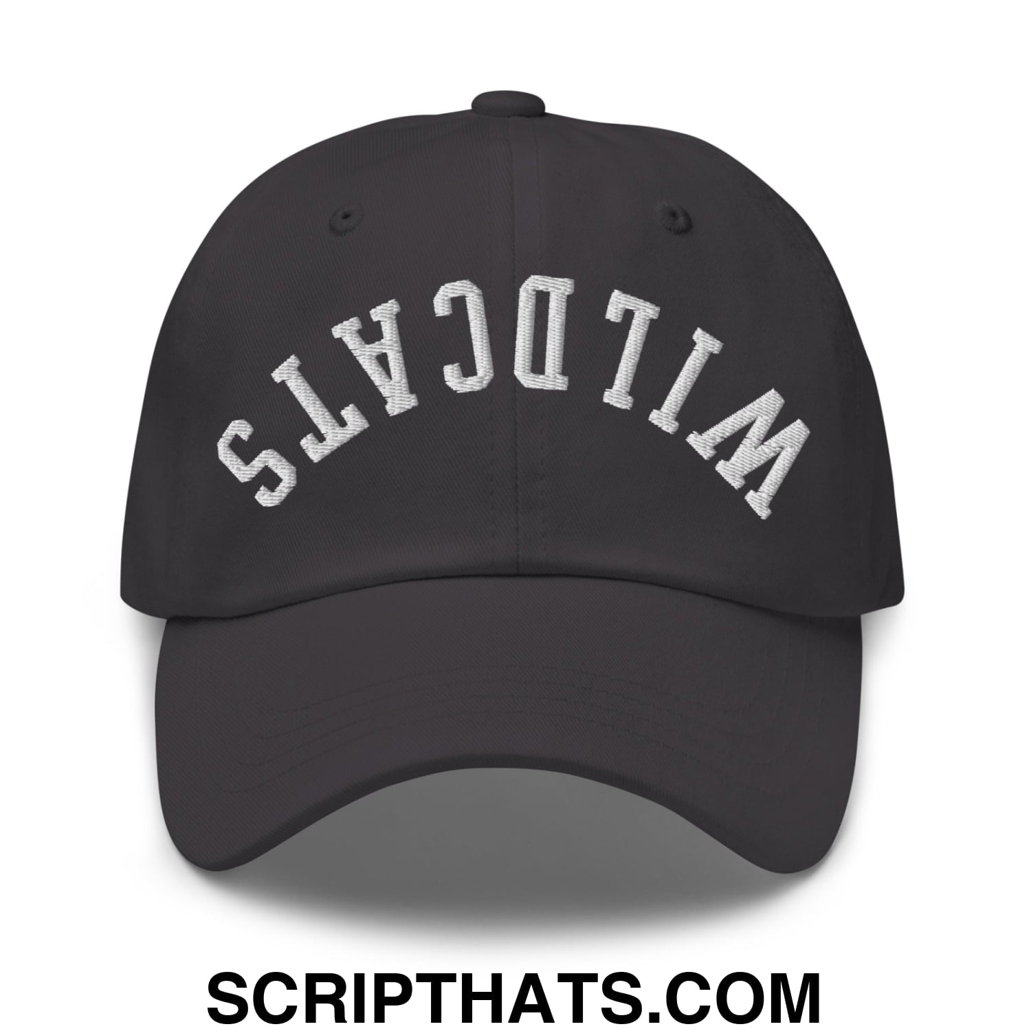 Black unstructured dad hat with white embroidered wildcats lettering in an arched design