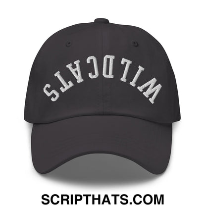 Black unstructured dad hat with white embroidered wildcats lettering in an arched design
