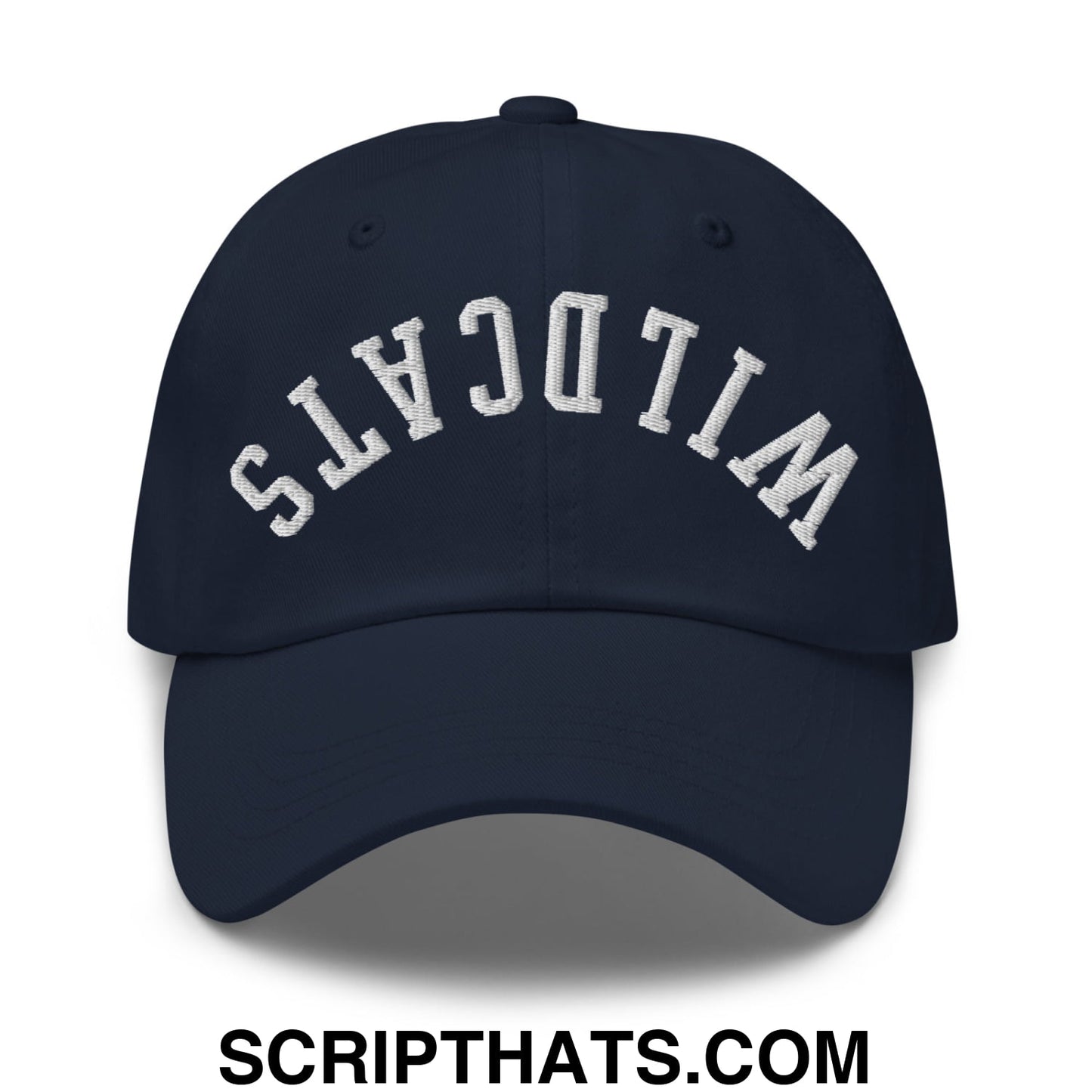 Navy blue unstructured dad hat with white embroidered wildcats lettering in an arched design