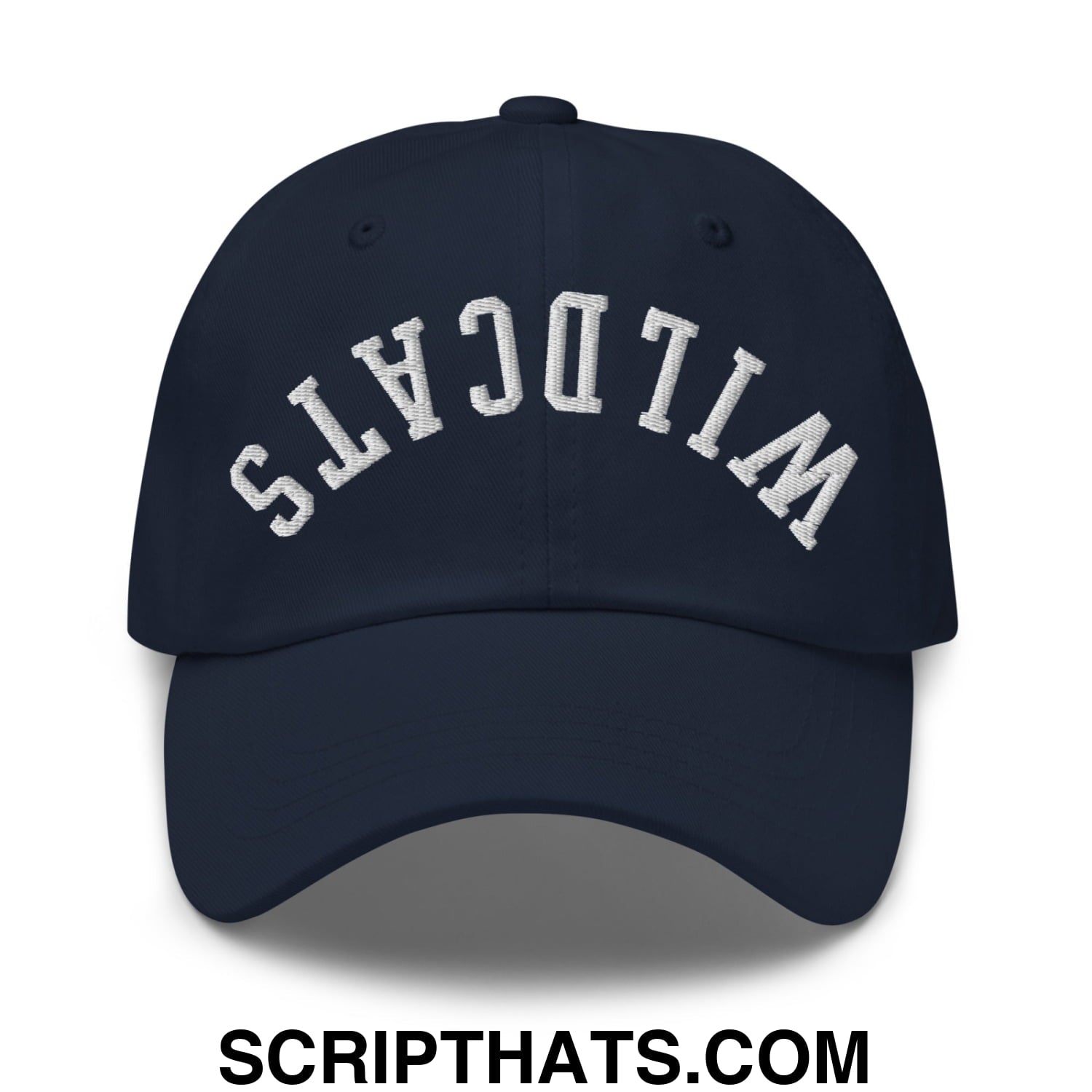 Navy blue unstructured dad hat with white embroidered wildcats lettering in an arched design