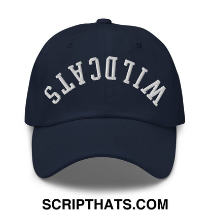 Navy blue unstructured dad hat with white embroidered wildcats lettering in an arched design