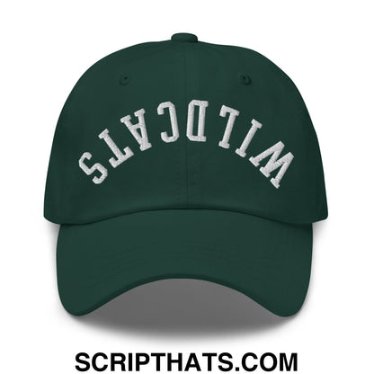Dark green unstructured dad hat with white embroidered wildcats lettering in an arched design