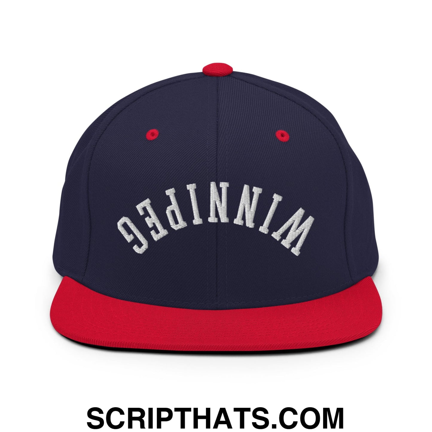 Upside Down Winnipeg Embroidered Flat Bill Brim Snapback Hat Navy Red