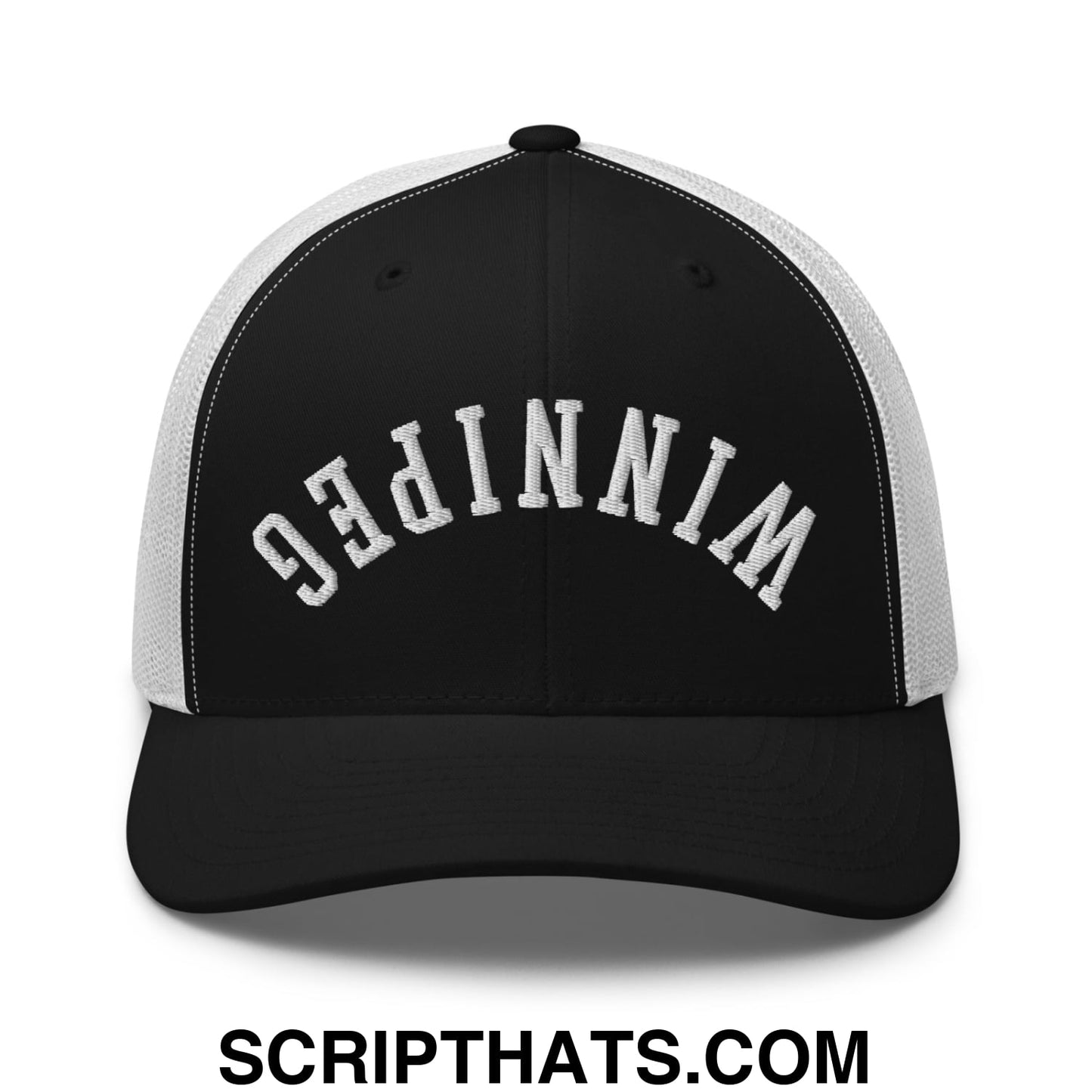 Upside Down Winnipeg Embroidered Mesh Trucker Hat Black White