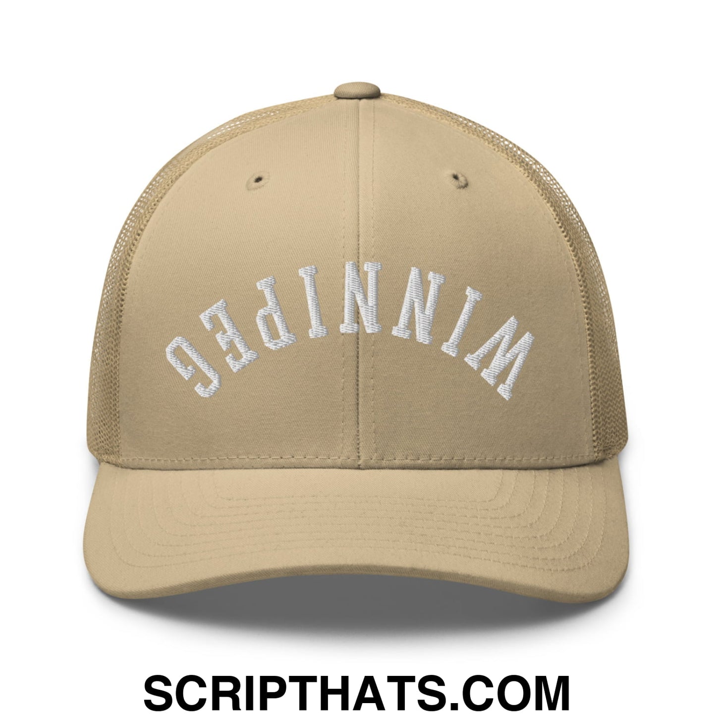 Upside Down Winnipeg Embroidered Mesh Trucker Hat Khaki