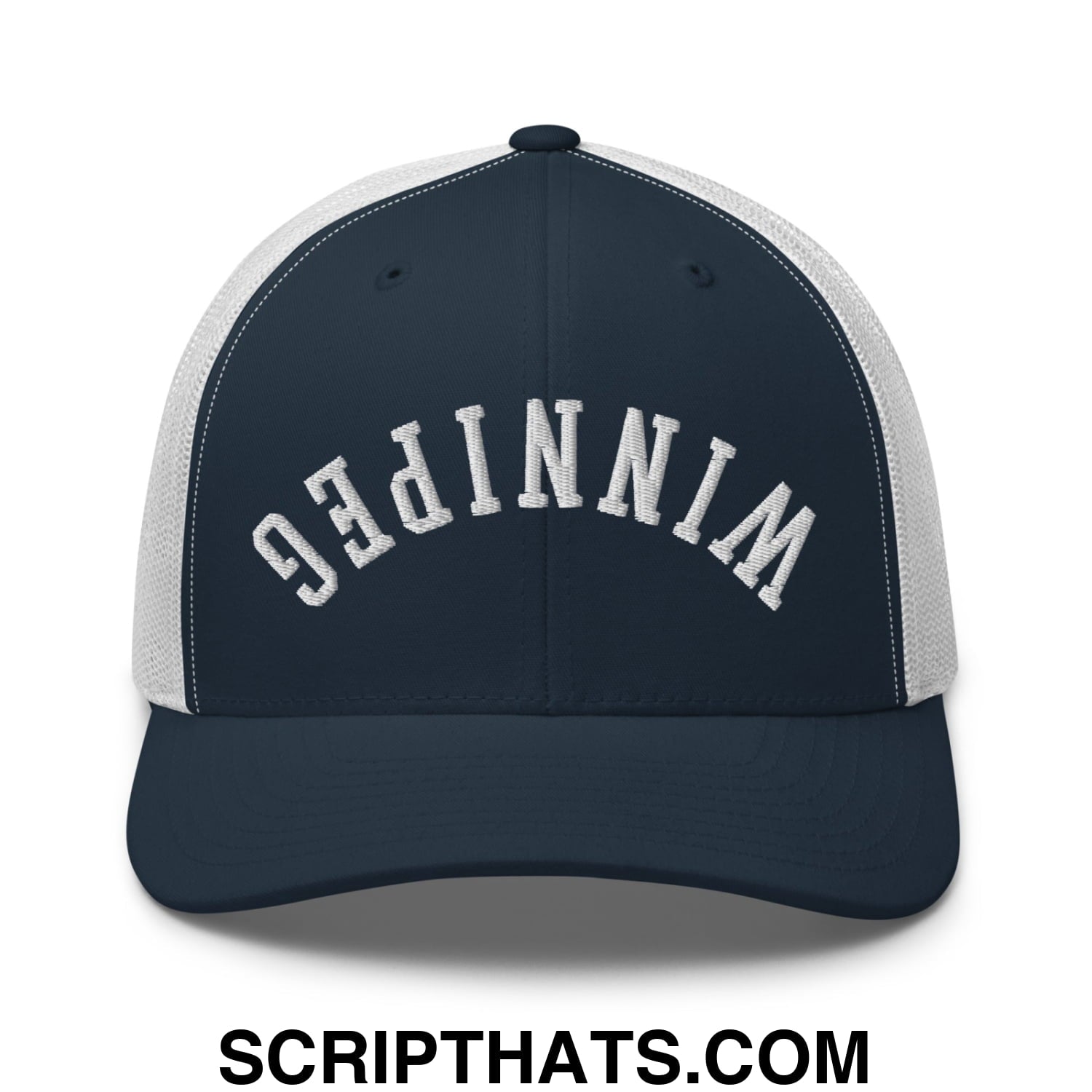 Upside Down Winnipeg Embroidered Mesh Trucker Hat Navy White