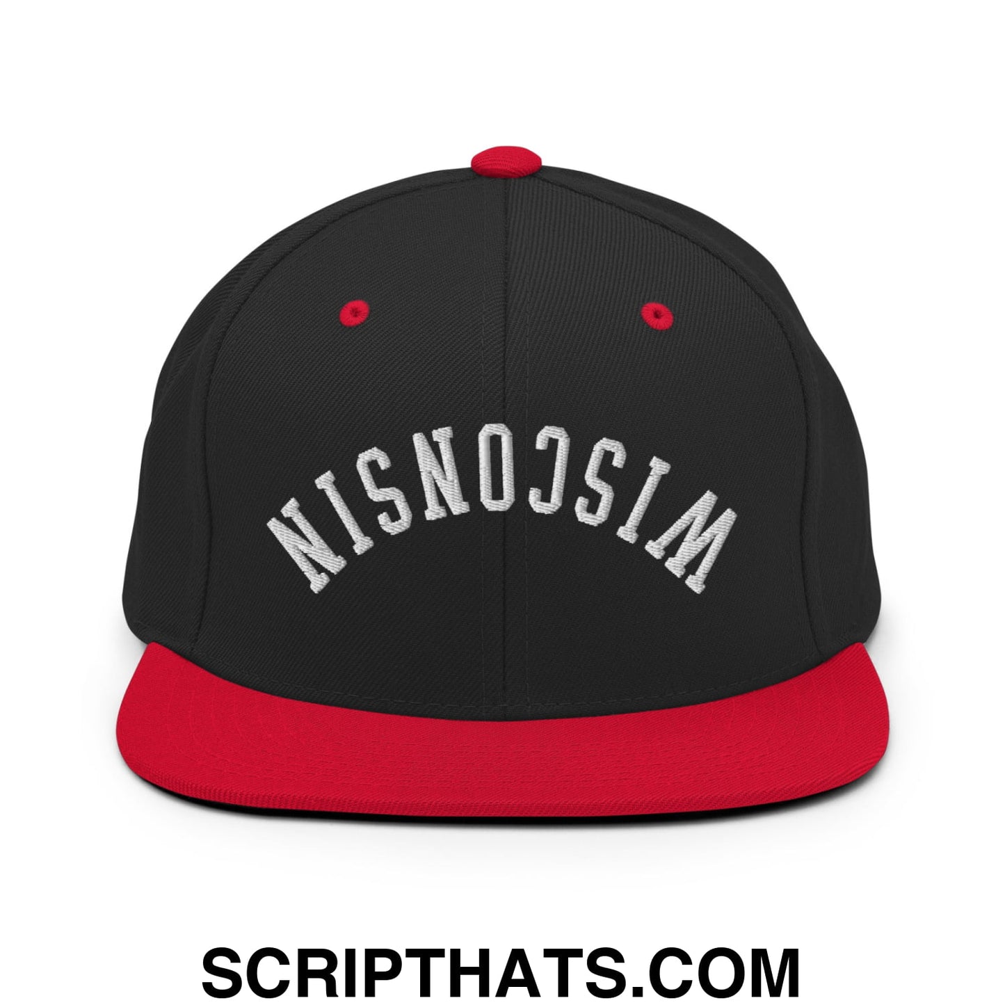 Upside Down Wisconsin Embroidered Flat Bill Brim Snapback Hat Black Red