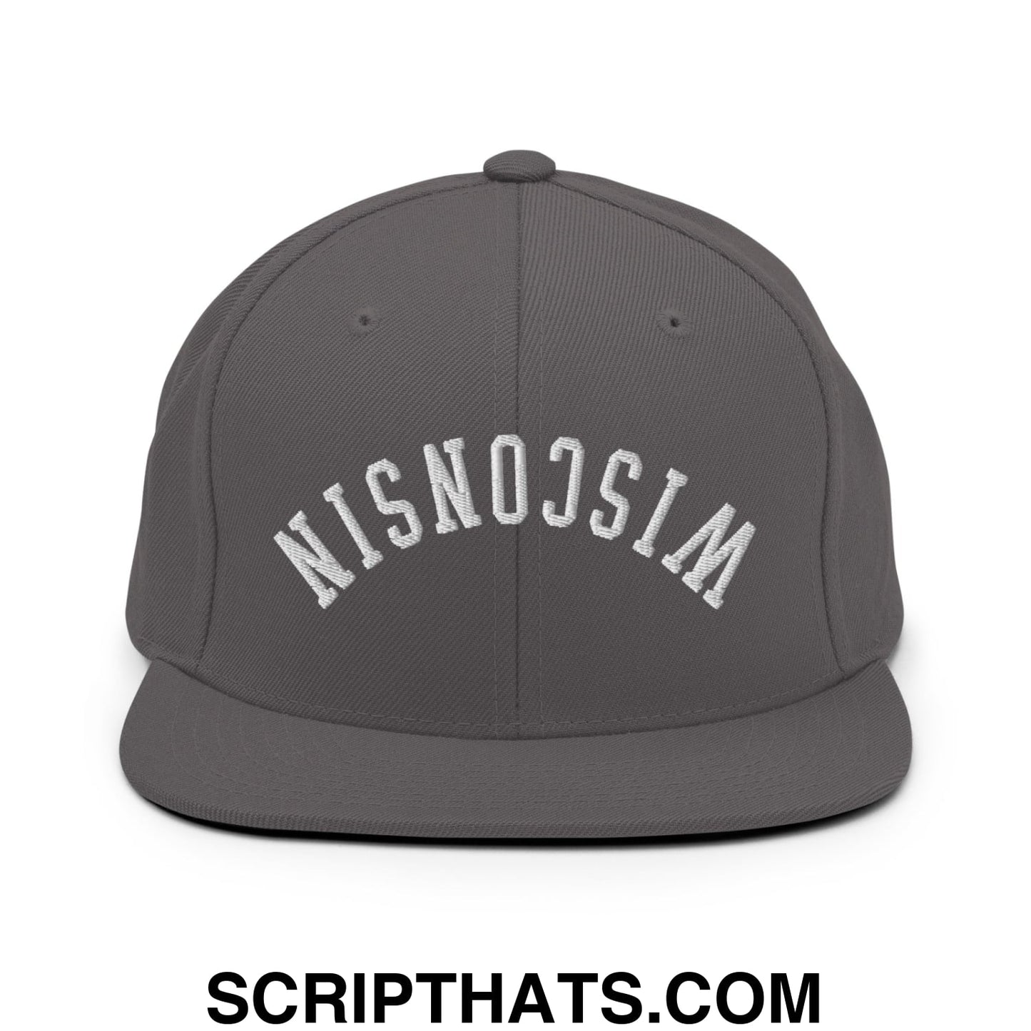 Upside Down Wisconsin Embroidered Flat Bill Brim Snapback Hat Dark Grey