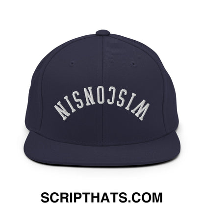 Upside Down Wisconsin Embroidered Flat Bill Brim Snapback Hat Navy