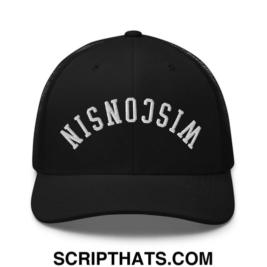 Upside Down Wisconsin Embroidered Mesh Trucker Hat Black