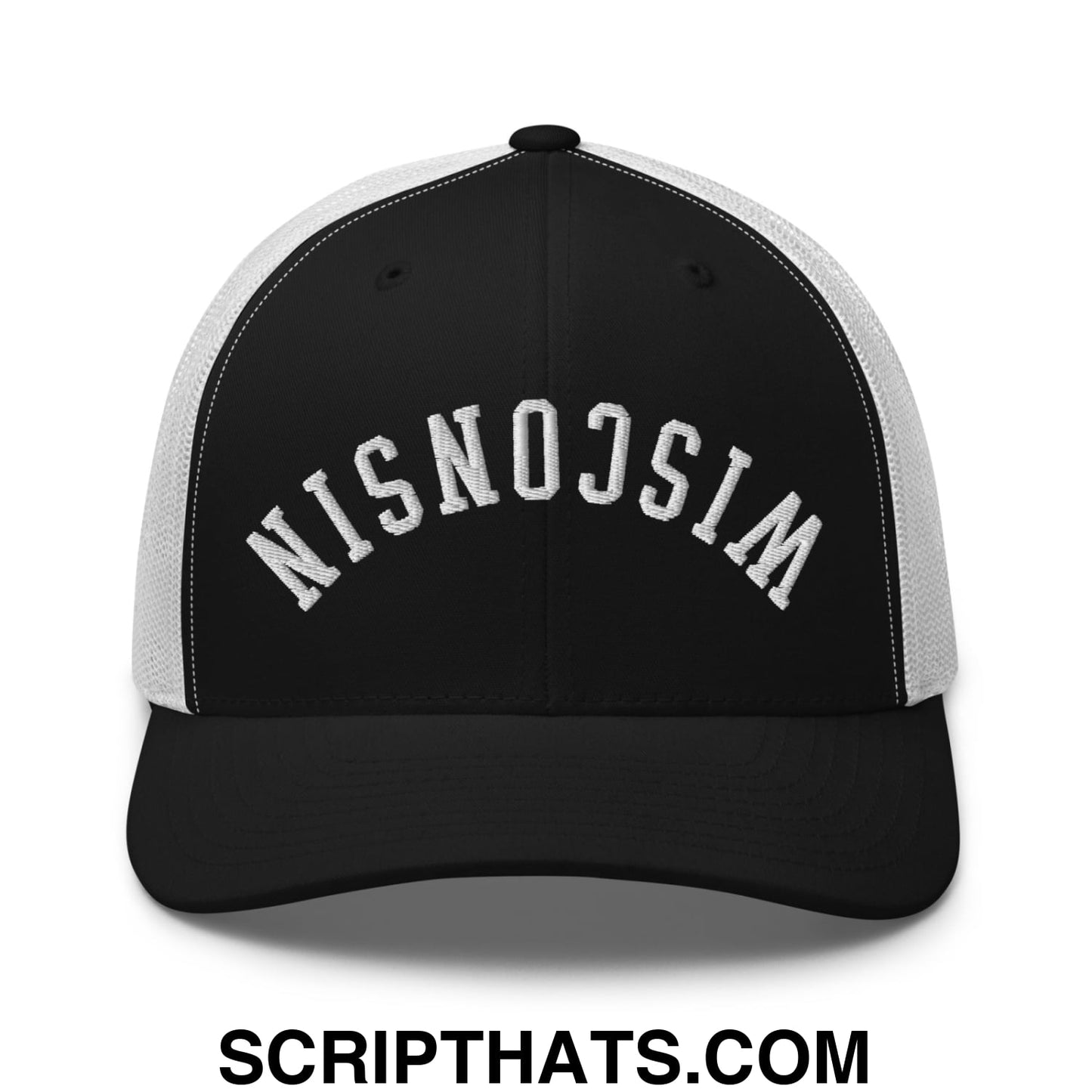 Upside Down Wisconsin Embroidered Mesh Trucker Hat Black White