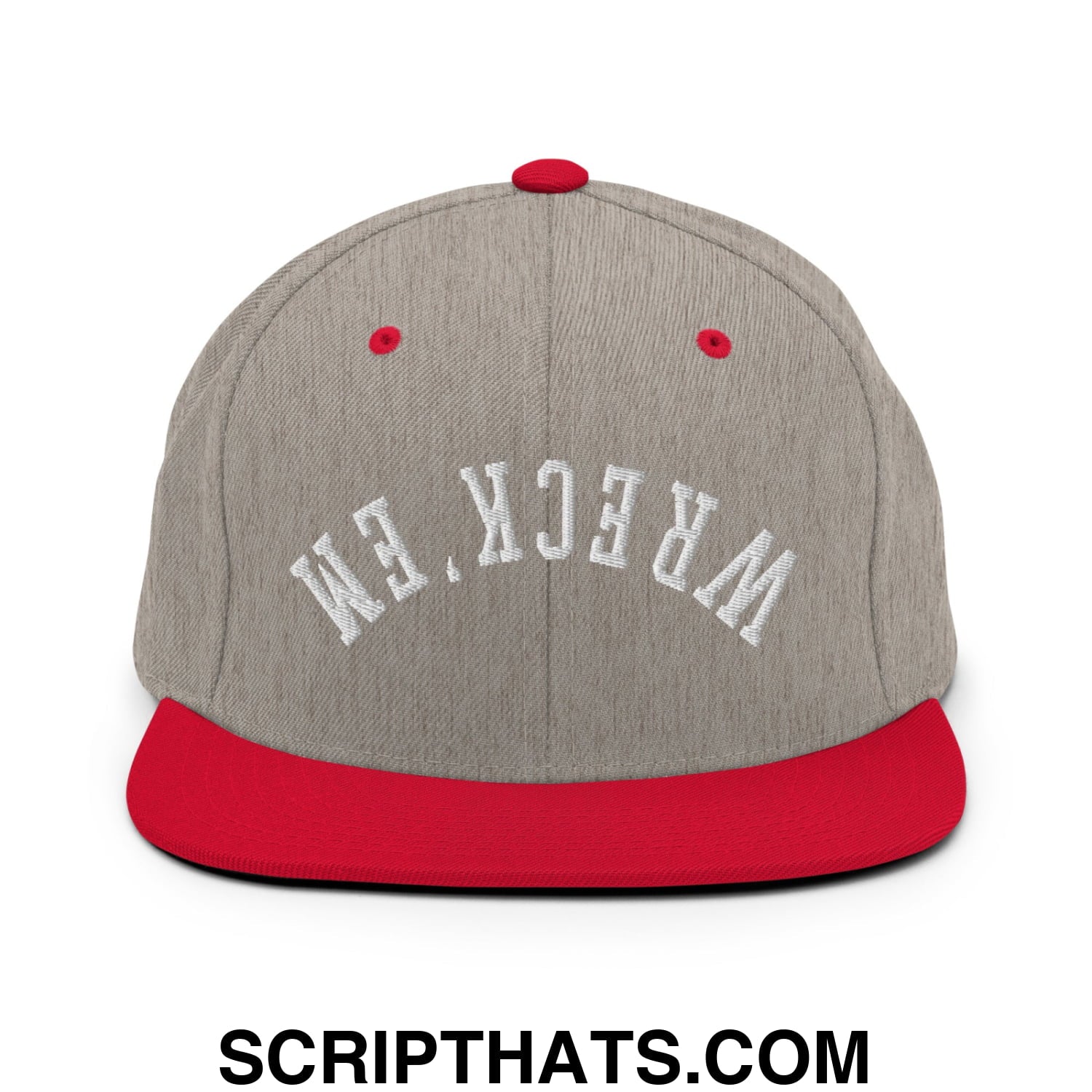 Upside Down Wreck 'em Embroidered Flat Bill Brim Snapback Hat Heather Grey Red