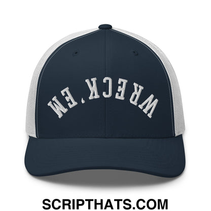 Upside Down Wreck 'em Embroidered Mesh Trucker Hat Navy White