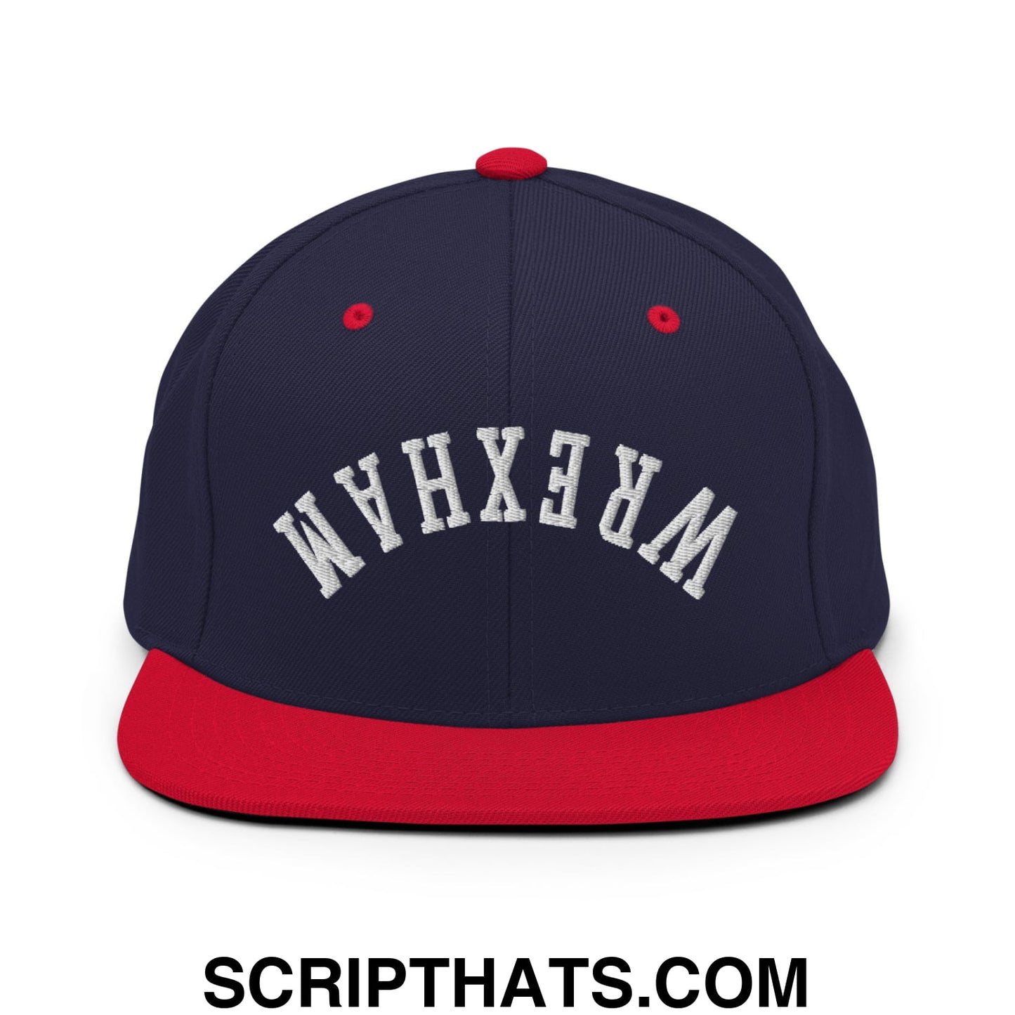 Upside Down Wrexham Embroidered Flat Bill Brim Snapback Hat Navy Red