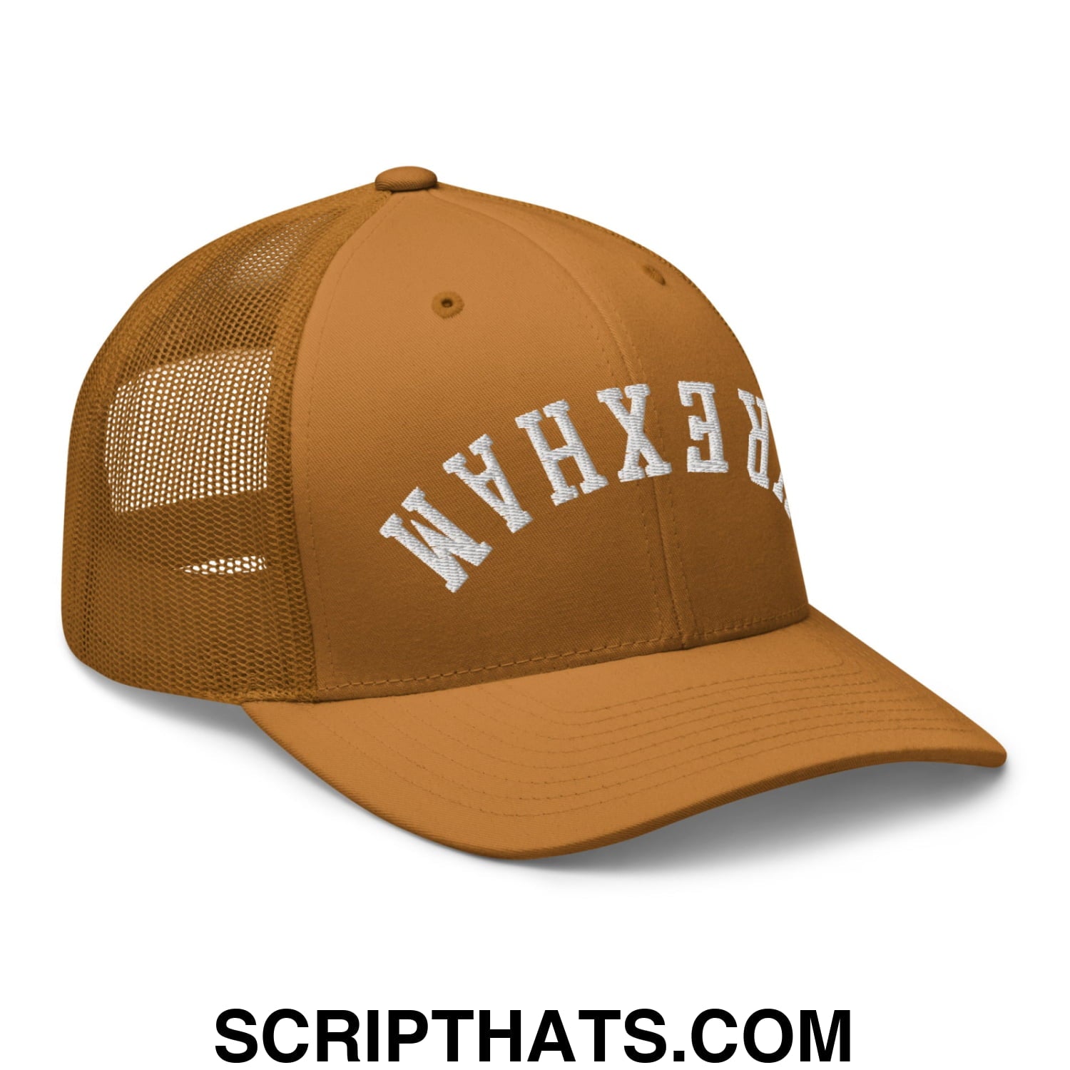 Upside Down Wrexham Embroidered Mesh Trucker Hat Caramel