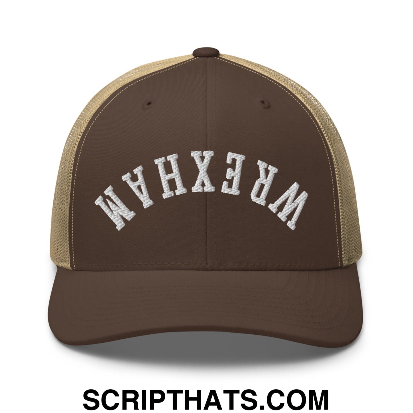 Upside Down Wrexham Embroidered Mesh Trucker Hat Brown Khaki