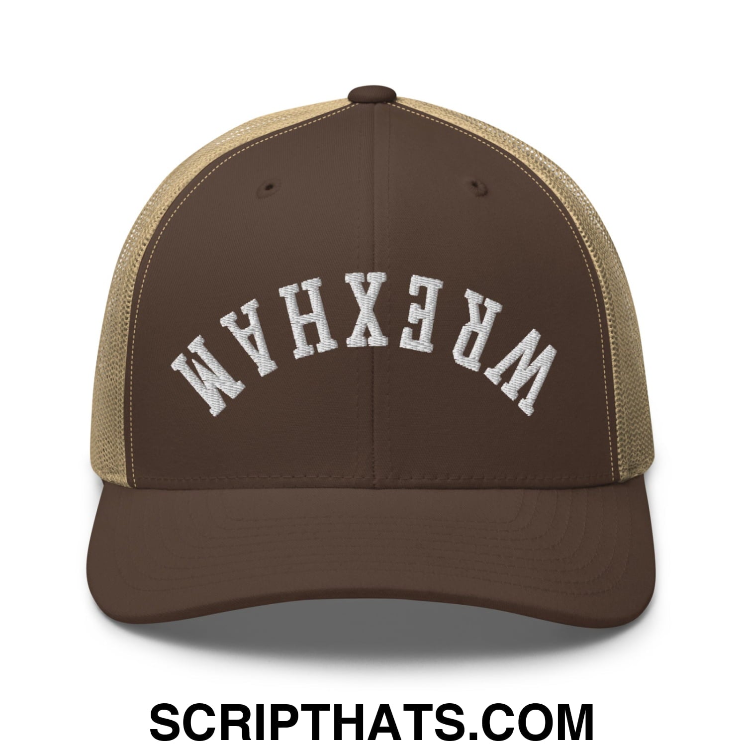 Upside Down Wrexham Embroidered Mesh Trucker Hat Brown Khaki