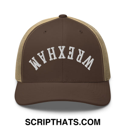 Upside Down Wrexham Embroidered Mesh Trucker Hat Brown Khaki