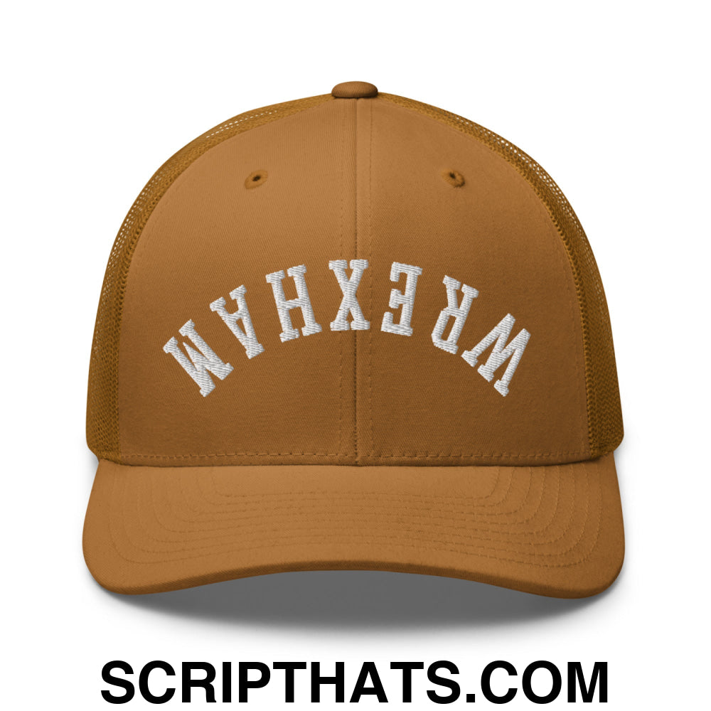 Upside Down Wrexham Embroidered Mesh Trucker Hat Caramel