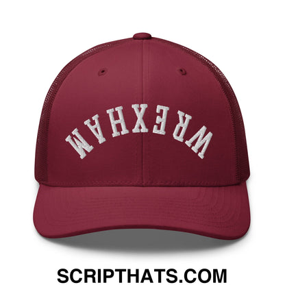 Upside Down Wrexham Embroidered Mesh Trucker Hat Cranberry