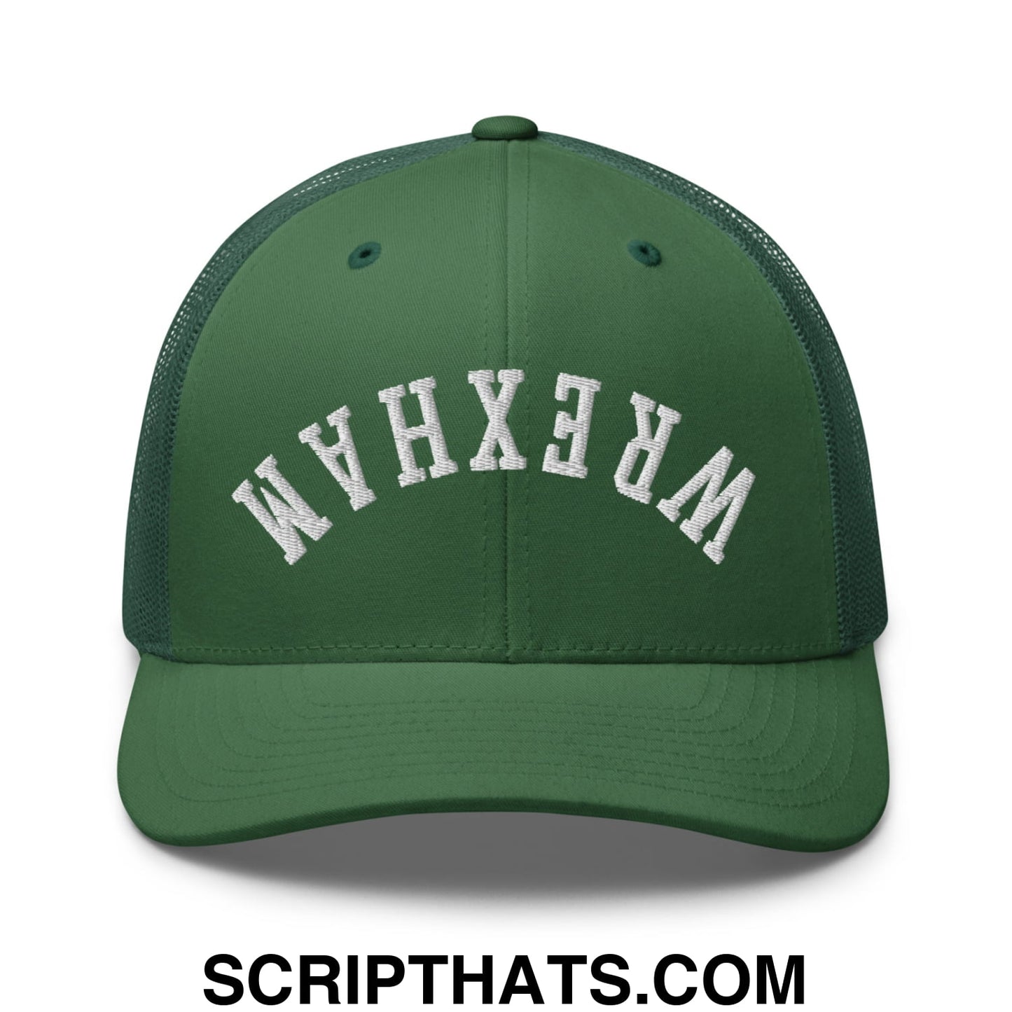 Upside Down Wrexham Embroidered Mesh Trucker Hat Evergreen