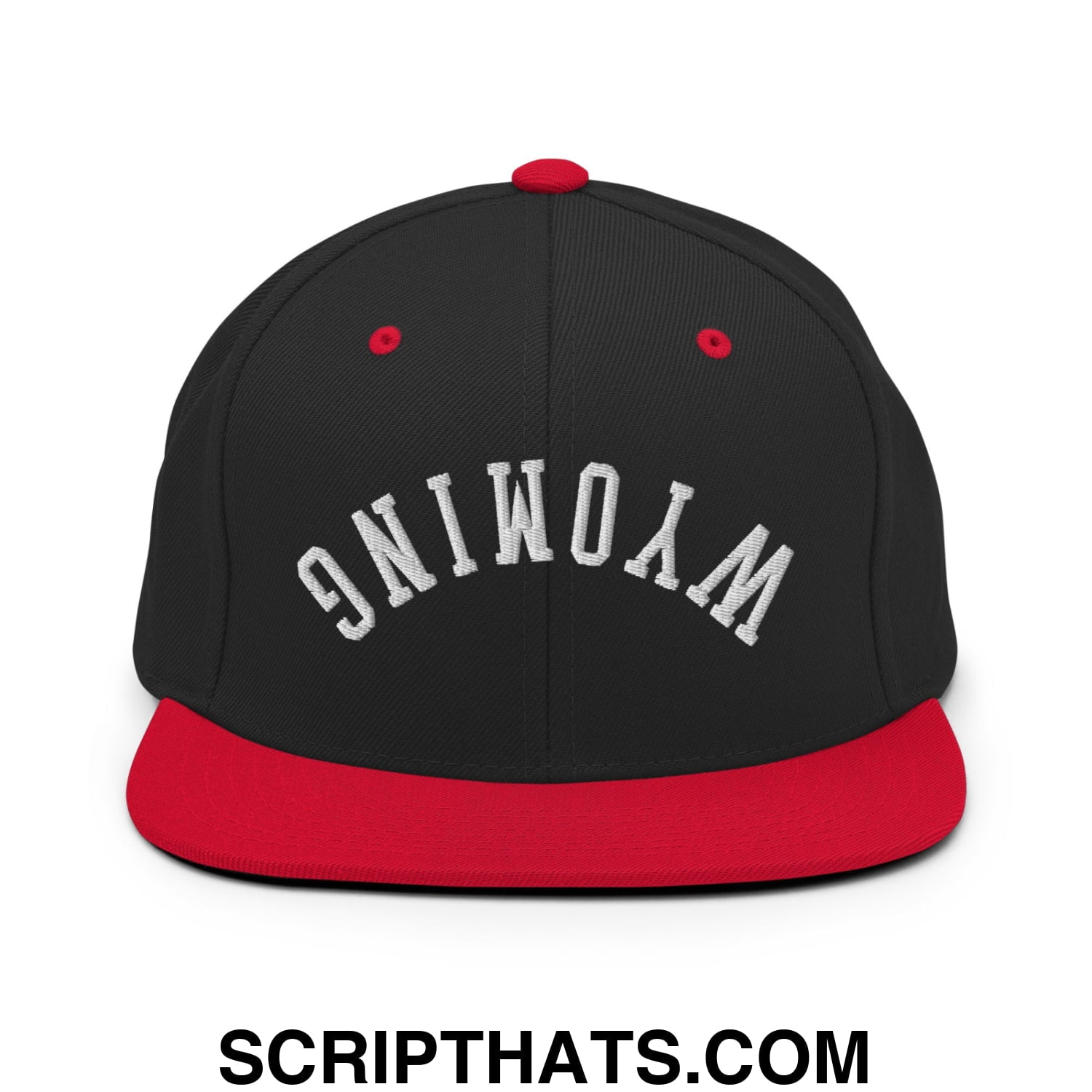 Upside Down Wyoming Embroidered Flat Bill Brim Snapback Hat Black Red