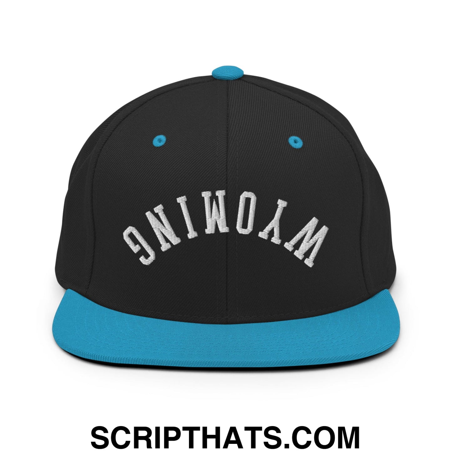 Upside Down Wyoming Embroidered Flat Bill Brim Snapback Hat Black Teal