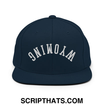 Upside Down Wyoming Embroidered Flat Bill Brim Snapback Hat Dark Navy