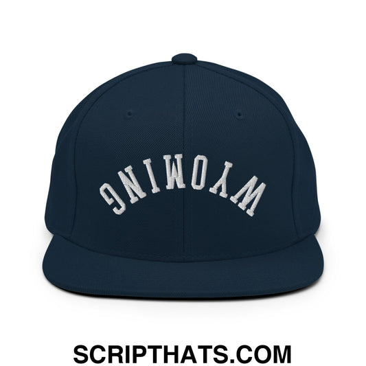 Upside Down Wyoming Embroidered Flat Bill Brim Snapback Hat Dark Navy