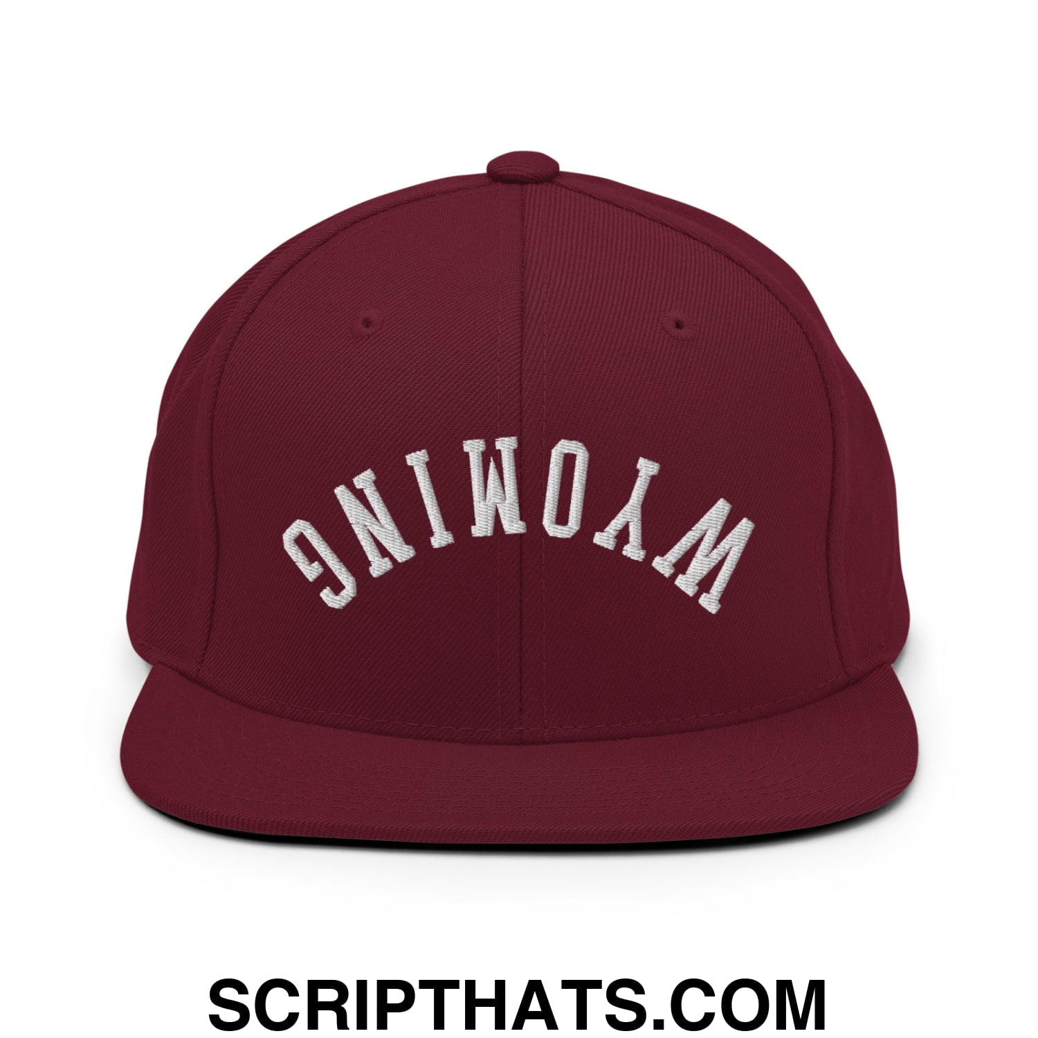 Upside Down Wyoming Embroidered Flat Bill Brim Snapback Hat Maroon
