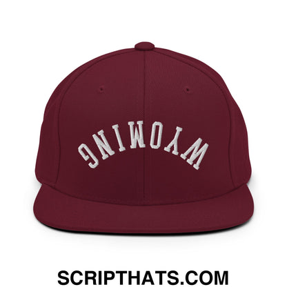 Upside Down Wyoming Embroidered Flat Bill Brim Snapback Hat Maroon