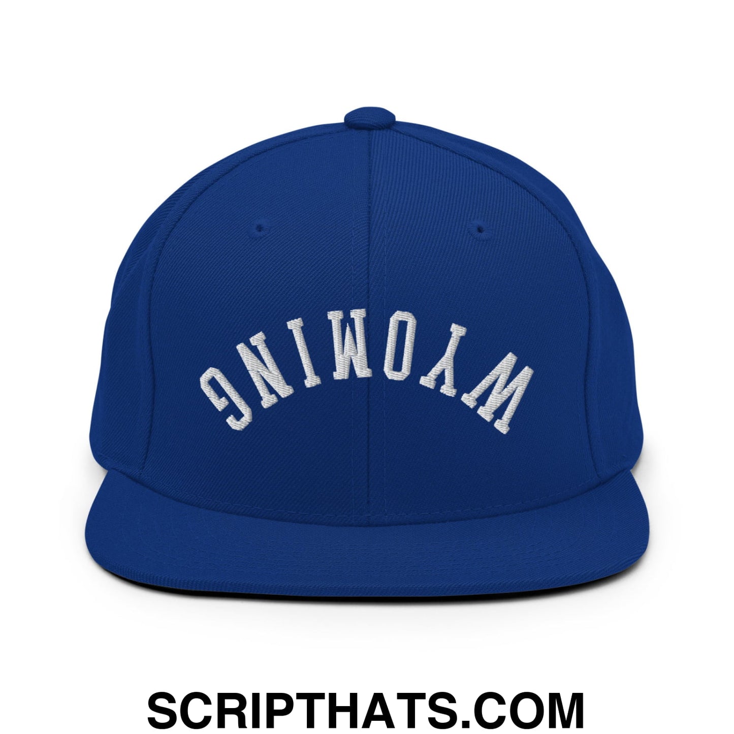 Upside Down Wyoming Embroidered Flat Bill Brim Snapback Hat Royal Blue