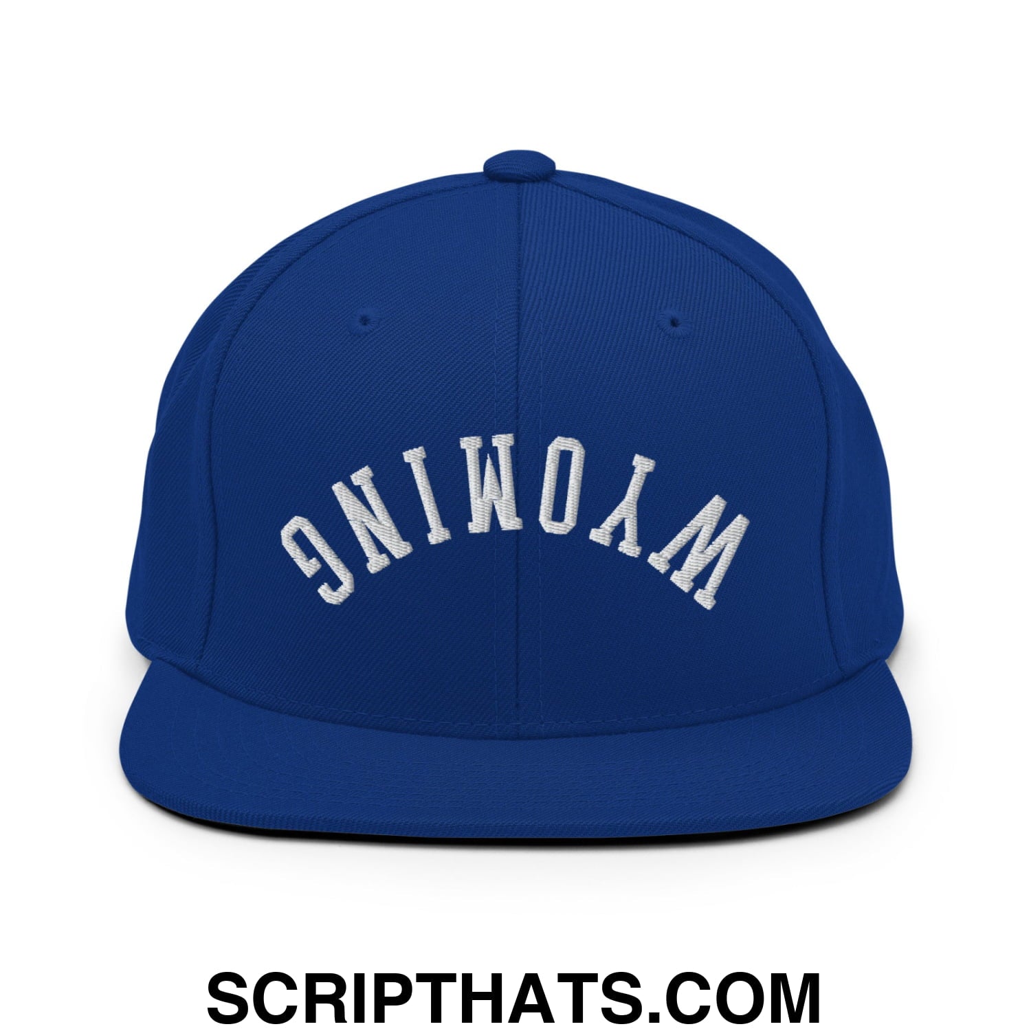 Upside Down Wyoming Embroidered Flat Bill Brim Snapback Hat Royal Blue