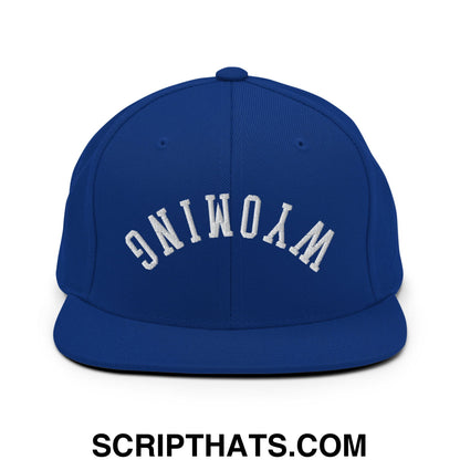 Upside Down Wyoming Embroidered Flat Bill Brim Snapback Hat Royal Blue