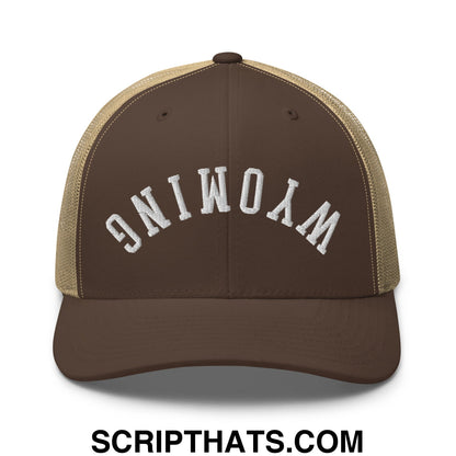 Upside Down Wyoming Embroidered Mesh Trucker Hat Brown Khaki