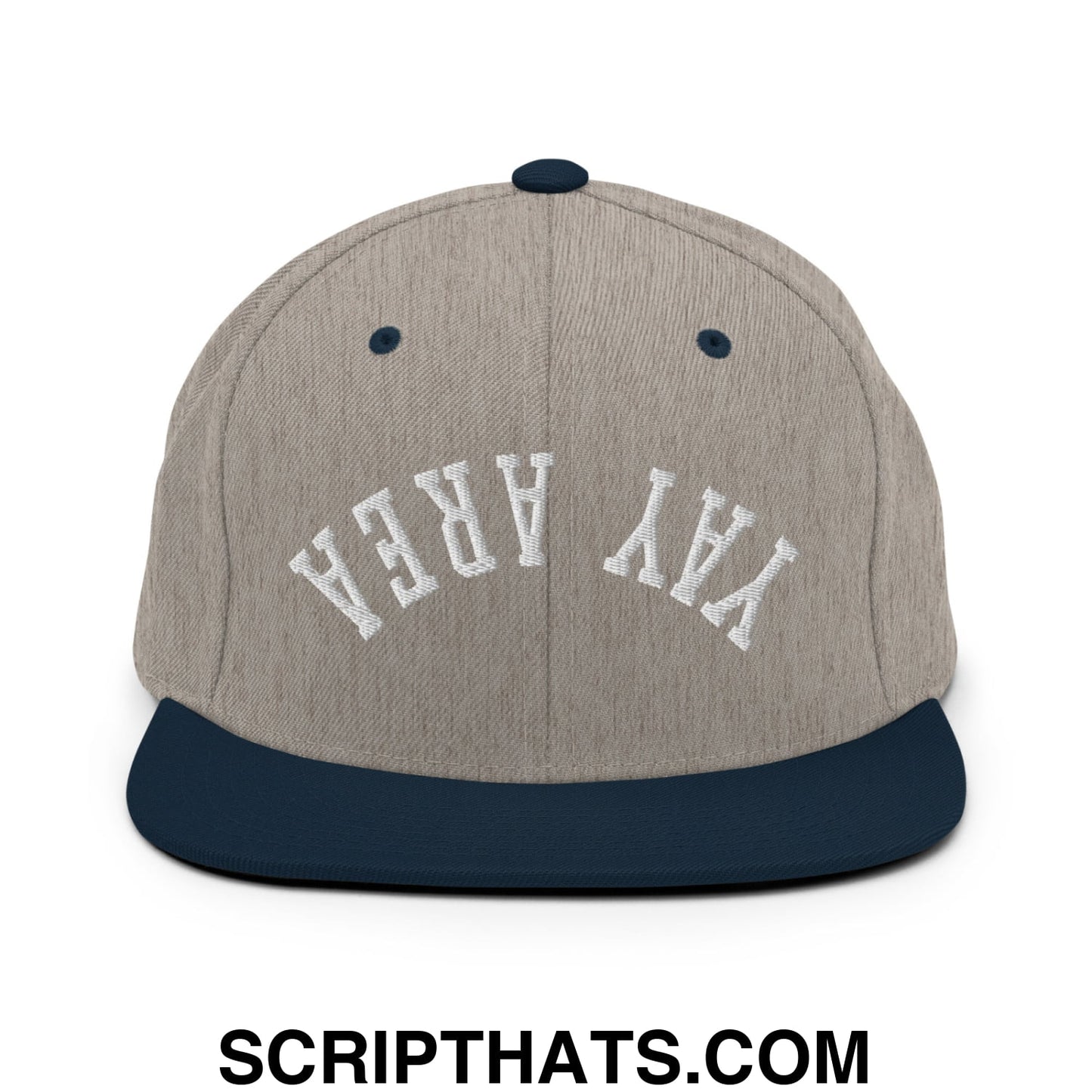 Upside Down Yay Area Embroidered Flat Bill Brim Snapback Hat Heather Grey Navy