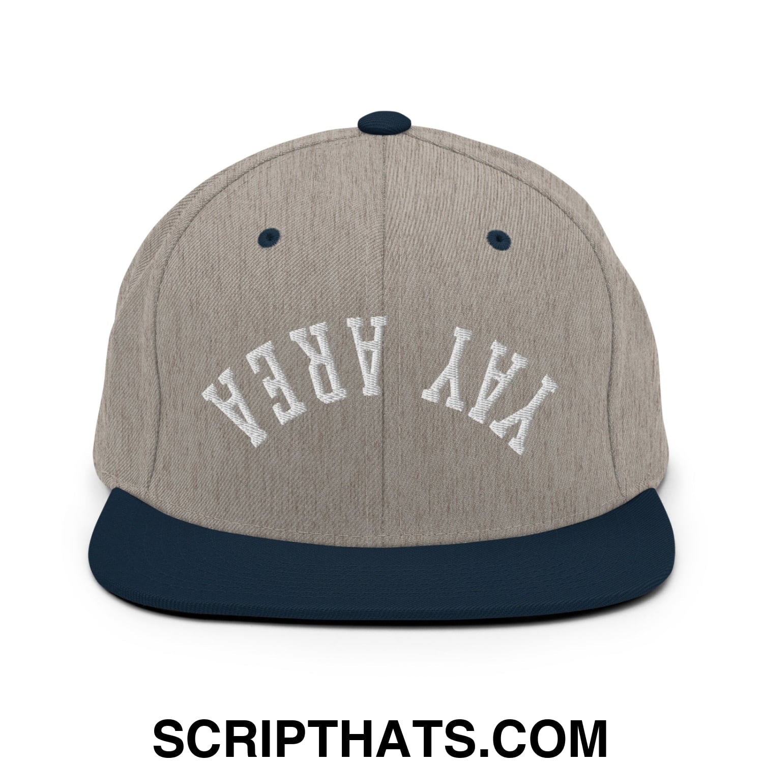 Upside Down Yay Area Embroidered Flat Bill Brim Snapback Hat Heather Grey Navy