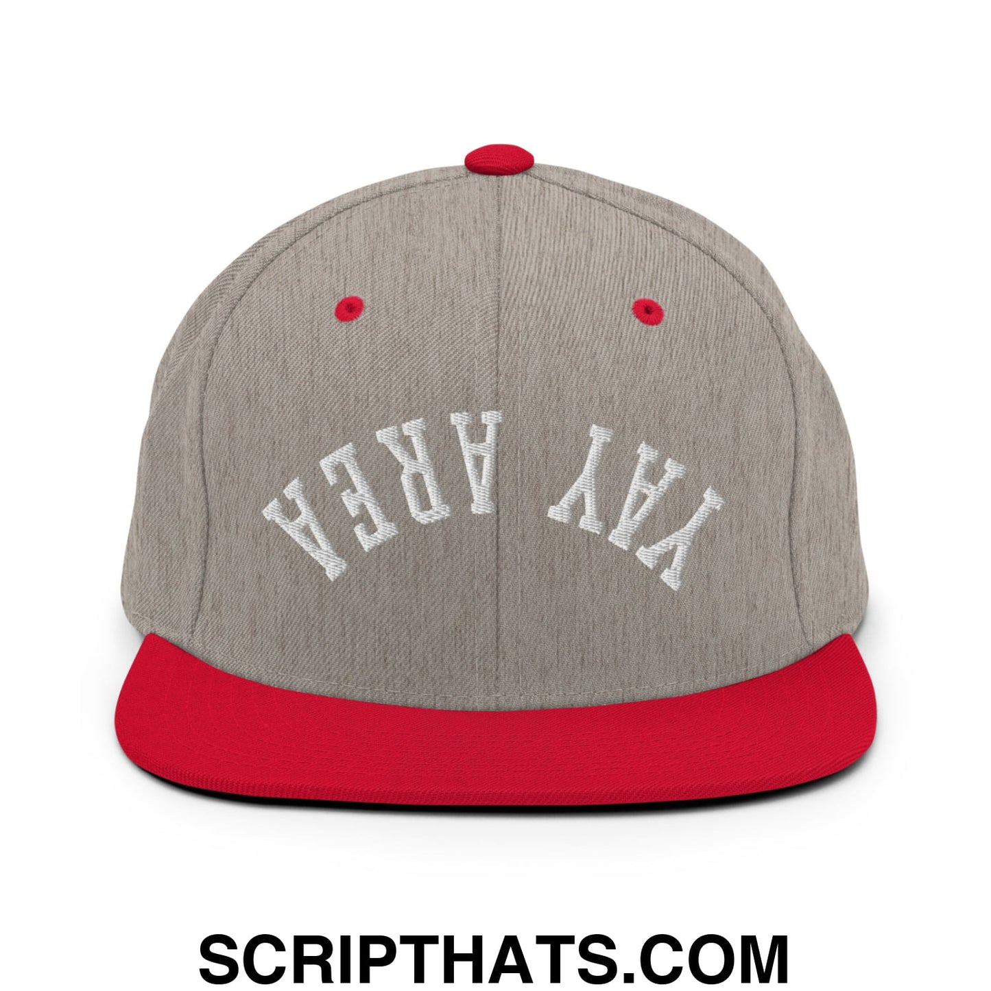 Upside Down Yay Area Embroidered Flat Bill Brim Snapback Hat Heather Grey Red